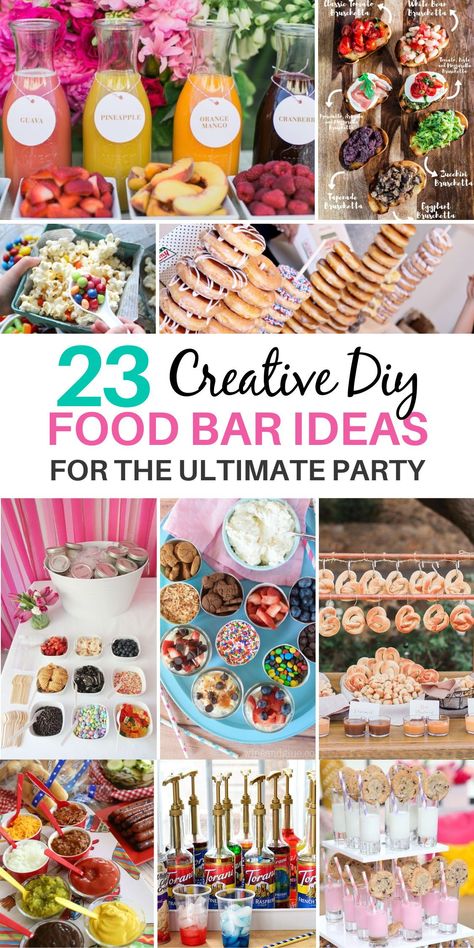 Elevate your next event with these innovative food bar ideas, perfect for creating a customizable and interactive dining experience. From build-your-own taco bars to decadent dessert stations, inspire your guests with a delightful array of options to suit every palate. Food And Drink Bar Ideas, Build Your Own Dessert Bar, Cookie Bar Ideas Parties, Build Your Own Dessert Bar Ideas, Interactive Dessert Station, Interactive Party Ideas, Home Snack Bar Ideas, Interactive Desserts, Dessert Bars Party Display