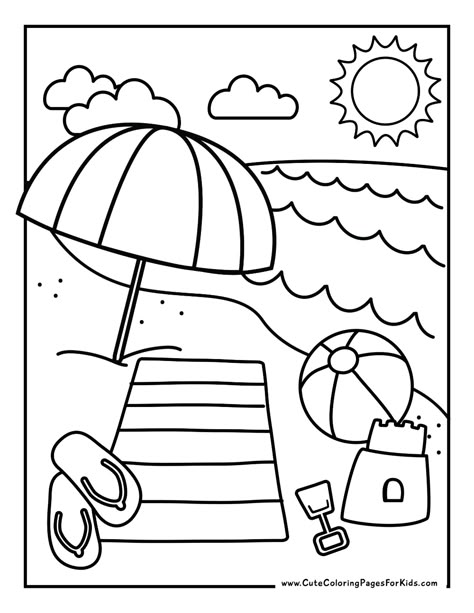 9 Beach Coloring Pages (Free Printable PDFs) - Cute Coloring Pages For Kids Summer Beach Coloring Pages, Beach Free Printables, Free Beach Coloring Pages, Beach Theme Coloring Pages, Beach Coloring Pages Free Printable, Colour Pages For Kids, Beach Worksheets For Kids, Free Printable Coloring Pages For Kids, Beach Coloring Pages For Kids