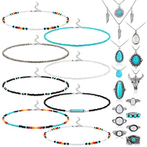 Western Beaded Necklace, Western Jewelry Necklace, Rodeo Jewelry, Western Rings, Cowgirl Necklaces, Hippie Cowgirl, Boho Turquoise, Choker Silver, Rings Sets