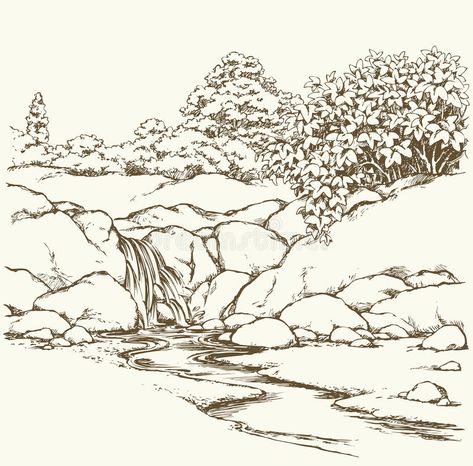 Drawing Landscapes, Sketch Landscape, Art Presentation, How To Draw Realistic, Rock River, Draw Realistic, Adult Coloring Designs, Mountain Stream, Vector Drawing