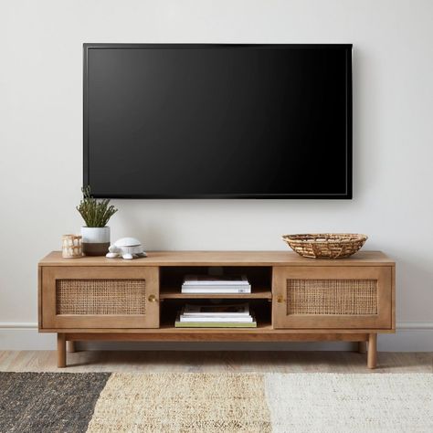 How to Decorate a TV Console - 10 TV Stand Decor Ideas - Bark and Chase Scandi Tv Unit, Minimal Tv Unit, Wood Tv Table, Tv Stand Decor Living Room, Tv Stand Decor Ideas, Rattan Door, Modern Tv Cabinet, Tv Stand Decor, Tv Wall Decor