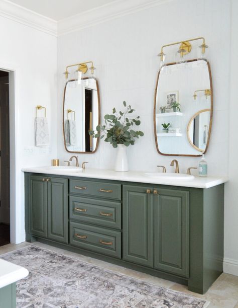 Master Bathroom Refresh | Centsational Style Green Cabinets Bathroom, Bathroom Cabinet Colors, Green Bathroom Vanity, Painting Bathroom Cabinets, Green Vanity, Painted Bathroom, Cabinets Bathroom, Green Paint Colors, Green Cabinets