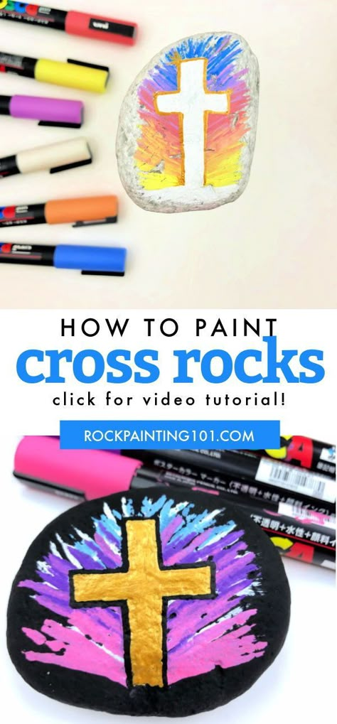 Learn how to paint a cross with this step by step video tutorial. This religious rock painting idea is perfect for beginners. Plus it makes a great Easter painted rock. #cross #paintedrock #rockpainting101 Cross Painted On Rocks, Easter Rock Painting, Prayer Rocks, Diy Rock Painting, Rock Painting Idea, Easter Rocks, How To Paint Rocks, Easy Rock Painting Ideas, Easy Rock Painting