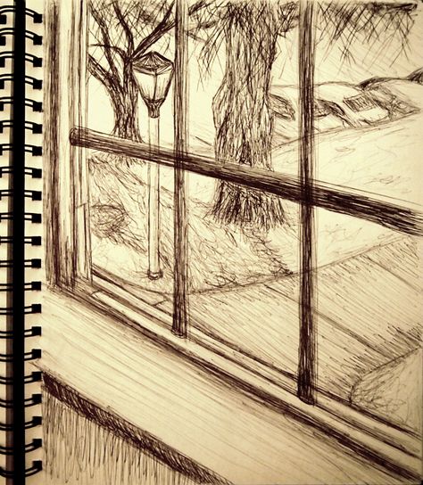 Day 15: Drawing of the view outside my dorm window. Medium: Black Ball Point Pen View From A Window Drawing, Person Looking Out Window Drawing, Window View Sketch, Window Drawing Sketch, Painting Ideas Pencil, Open Window Drawing, Window View Drawing, Window Illustration Drawing, Windowsill Drawing