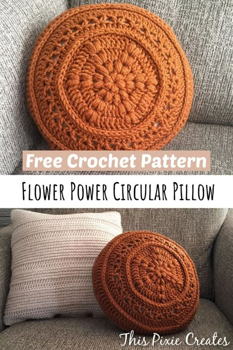 Rust Coloured Circular Crochet Pillow with a Flower Center Sunshine Superstar Crochet Pattern, Round Cushion Crochet Pattern, Vintage Crochet Pillow Patterns, Crochet Circular Pillow, Crochet Pillow Designs, Diy Home Decor Crochet, Crochet Circle Pillow Pattern, Crochet Projects With Brown Yarn, Crochet Patterns Modern