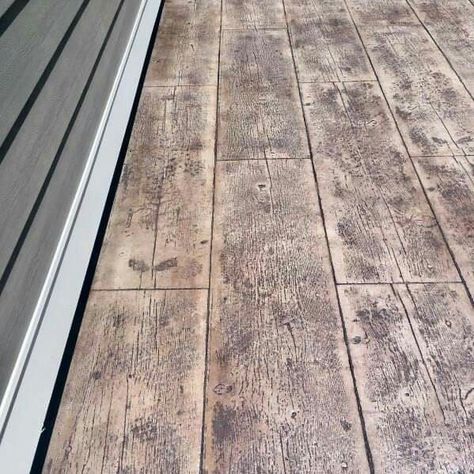 Concrete Wood Stamp Patio Ideas, Wood Looking Concrete Floors, Wood Plank Concrete Patio, Stamped And Stained Concrete, Wood Stamped Concrete Patio Ideas, Stamped Concrete That Looks Like Wood, Stamped Concrete Porch Farmhouse, Farmhouse Stamped Concrete Patio, Stamped Concrete Patio Ideas Wood Plank