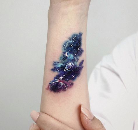 Unique Galaxy Tattoos, Colorful Universe Tattoo, Planet And Galaxy Tattoo, Galaxy Cloud Tattoo, Galaxy Neck Tattoo, Galaxy Moon Tattoo, Watercolor Celestial Tattoo, Space Tattoo Cover Up, Galaxy Cover Up Tattoo