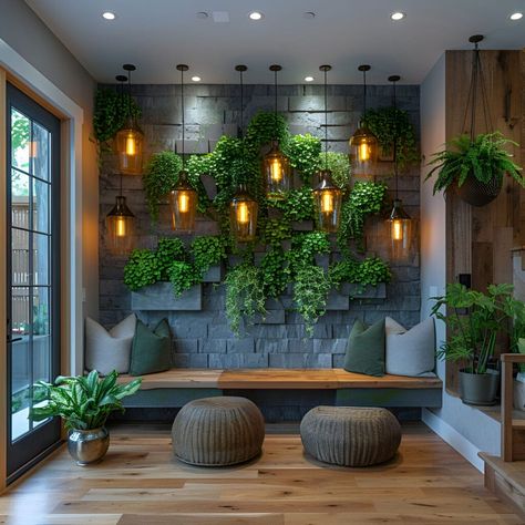 Transform your entryway with a modern and cozy touch featuring a wall of lush greenery. Hang plants alongside chic lighting to illuminate the space. The backdrop of grey stone bricks contrasts beautifully with the warm wooden flooring and bench seating. Green pillows add a pop of color, enhancing the rustic yet contemporary vibe. Ideal for making a welcoming first impression. Welcoming Spaces Interior Design, Rustic Bench Seating, Stone Wall With Plants, Plants As Room Dividers, Bench On Wall, Hanging Plants And Lights, Foyer Design Entrance, Wall Bench Seating, Plant Wall Ideas Indoor