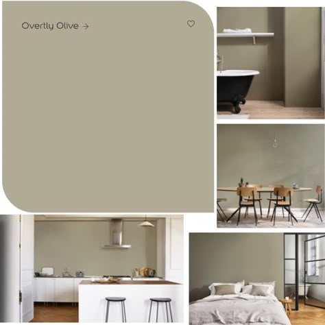 Off White Wall Colour Living Rooms, Khaki Lounge Color Schemes, Dulux Overtly Olive Kitchen, Overtly Olive Colour Palette, Olive Green Tv Wall, Valspar Olive Green, Overtly Olive Bedroom Ideas, Dulux Overtly Olive Living Rooms, Olive Grey Kitchen