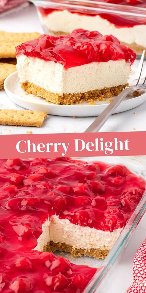 Cheesecake Layered Dessert, 4 Layer Delight Dessert, Cherry Cheese Delight, No Bake Cherry Cheesecake With Cool Whip 9x13, Cheery Cheesecake Recipes Easy, Recipes Using Canned Cherry Pie Filling, Cherry Delight Dessert 9x13, Dream Whip Cherry Delight, Cherry Cheesecake Delight