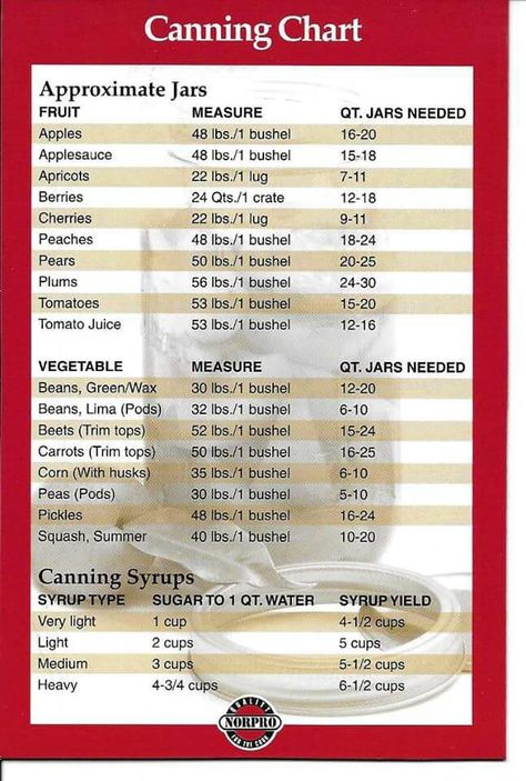 Canning chart Canning Chart, Canning 101, Canning Fruit, Home Canning Recipes, Canning Vegetables, Canned Food Storage, Freezing Food, Canning Tips, Canning Food Preservation