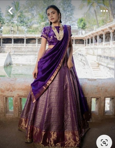 Pattu Lehenga Blouse Designs Crop Tops, Purple Half Saree South Indian, Pattu Lehenga Half Saree Indian Dresses, Pattu Langa Voni Half Saree, Half Saree Draping, Purple Half Saree, Pattu Lehenga Half Saree, Banaras Lehenga, Cat Eye Reading Glasses