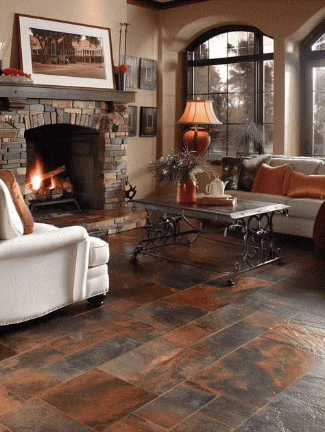 25 Rustic Flooring Options to Ground Your Space Rustic Floor Tiles Living Room, Copper Floor, Rock Flooring, Flooring For Log Homes, Dark Rustic Flooring, Brown Stone Flooring, Hewn Flooring Rustic, Room Tiles Floor, Tile Floor Living Room