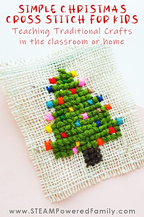 Teaching Traditional Crafts to this new generation with a simple Christmas Cross Stitch For Kids. This budget friendly simple introduction to cross stitching is perfect for kids at home or in the classroom. The results can be used to make ornaments, cards and more. Cross stitching is a great project to tie into a history lesson with this craft going back centuries. Click for details #CrossStitch #ChristmasProject #ChristmasDIY #ChristmasCrafts #SimpleCrossStitch #ChristmasTreeCraft Simple Cross Stitch Christmas, New Home Cards Handmade Cross Stitch, Cross Stitch Christmas Tree Pattern, Simple Christmas Cross Stitch, Cross Stitch Christmas Cards, Stem Crafts, Easy Cross Stitch Patterns, Cross Stitch For Kids, Cross Stitch Christmas Ornaments