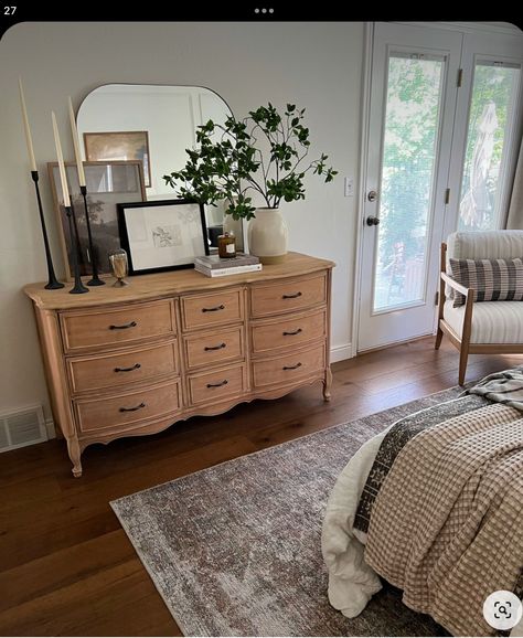 Light Bedroom Furniture Wood, Tall Dresser Styling Bedroom, Moody Bedroom Dresser Decor, Organic Modern Dresser Decor, Master Bedrooms Decor Antique, Bedroom With 2 Dressers, Guest Room Dresser Decor, Bedroom Inspirations Dresser, 2 Dressers In Bedroom