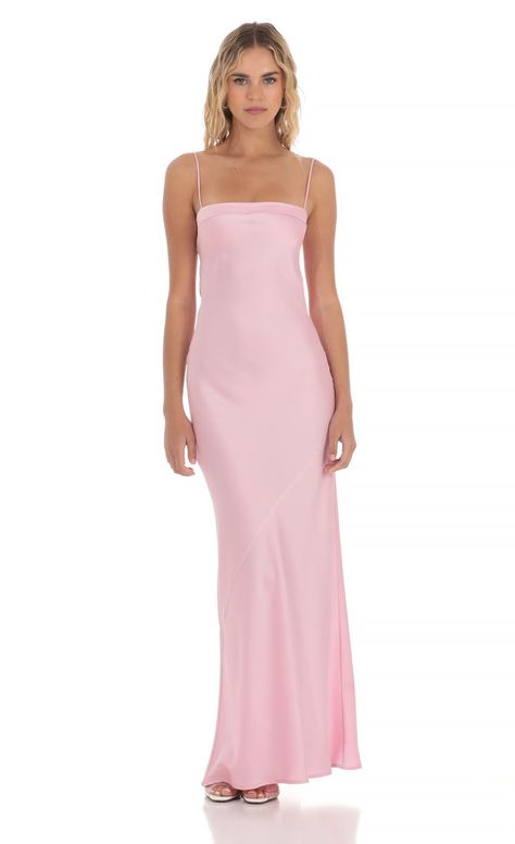 Satin Open Back Maxi Dress in Pink Brides Maids Dresses, Formal Event Dresses, Dresses For Formal, Cute Formal Dresses, Pink Long Dress, Prom Dress Inspo, Ball Ideas, Pink Silk Dress, Open Back Maxi Dress