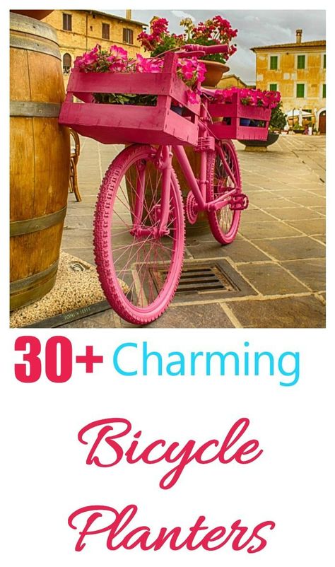 charming bicycle planters Garden Bicycle Ideas Yard Art, Bike Planter Ideas, Garden Bicycle Ideas, Old Bicycles Ideas Garden Art, Bike Flower Planter Old Bicycle, Bicycle Garden Decor, Old Bikes In The Garden Ideas, Old Bicycle Garden Ideas, Bicycle Decorating Ideas