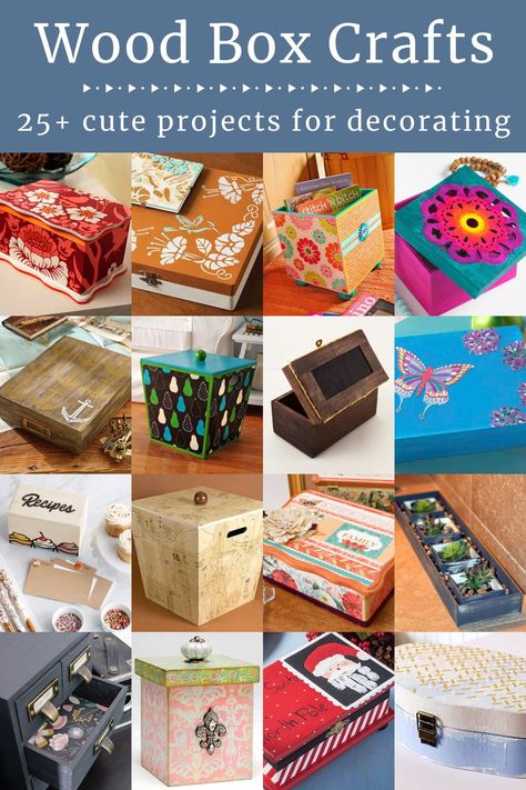 Grab a wooden box from the craft store and try one of these wood box crafts! Decorate these boxes with paint, decoupage, and more. There are some great ideas for beginners here. Wooden Box Crafts, Unfinished Wood Boxes, Wooden Box Diy, Wooden Crafts Diy, Small Wood Box, Decorative Wooden Boxes, Hand Painted Wooden Box, Fabric Covered Boxes, Box Crafts