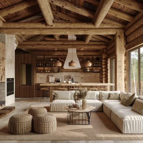 13 Cozy Log Cabin Home Interiors To Inspire You - DreamyHomeStyle Log Interior Ideas, Ski House Living Room Decor, Cabin Mountain Interior, Norwegian Log Cabin, Contemporary Log Cabin, Scandinavian Log Cabin Interior, Montana Cabin Interiors, Log House Interior Modern, Mountain Cabin Interior Design