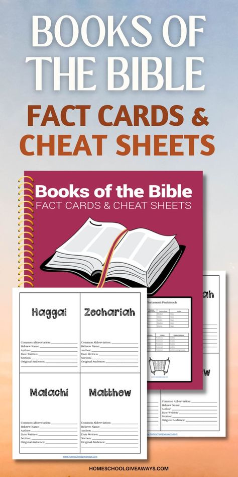 Could you or your students use some help navigating the books of the Bible? Maybe you learned to sing through a list of them in Sunday School, or maybe you still struggle to find Joel and Amos. Either way, these FREE Books of the Bible Fact Cards and Cheat Sheets can help you review the order plus learn and remember other key facts about each book. Homeschool Binder, Homeschool Portfolio, The Books Of The Bible, Writing Printables, Gospel Bible, Bible Studying, Book Of The Bible, Bible Books, Christian Homeschool