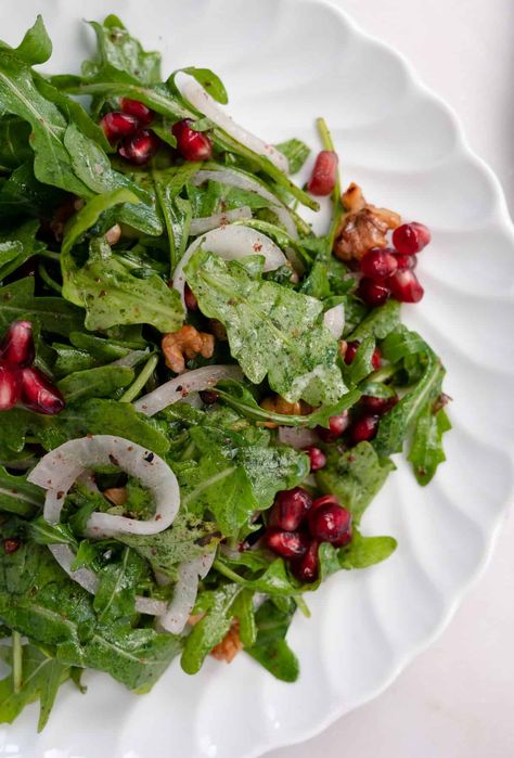 Rocca Salad (Lebanese Salatat Jarjeer) Arabic Salad Recipes, Lebanese Salads, Rocca Salad, Arabic Salad, Lebanese Salad, Middle Eastern Salads, New Years 2023, Rocket Leaves, Pomegranate Recipes