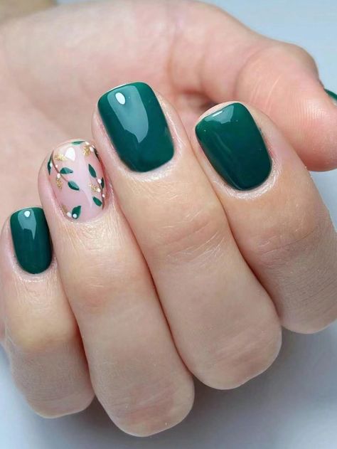 Conjunto de uñas postizas de 24 piezas impresionantes, diseño de hojas sólidas de oro esmeralda cortas de arte de uñas, adecuado para mujeres, trabajadoras de oficina, citas, fiestas, bailes, viajes, regalos para niñas, amigas y madres, incluye 1 pegamento gel y 1 lima de uñas. Verde Oscuro     Color combinado,Gráfico Uñas de Color   Nail,Hand & Foot Care, size features are:Bust: ,Length: ,Sleeve Length: Christmas Decor Outside, Nagellack Trends, Green Nail Designs, Cute Christmas Nails, Christmas Nails Easy, Christmas Gel Nails, Christmas Nail Art Designs, Green Nail, Vintage Christmas Decor