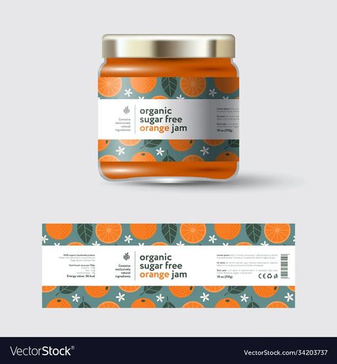 Jam orange label and packaging jar with cap vector image Jam Bottle Label Design, Jar Labels Design, Jar Sticker Design, Jam Jar Design, Jam Label Design, Jam Packaging Design, Jam Branding, Jar Packaging Design, Food Label Design