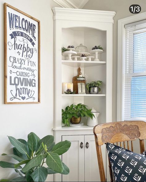 Corner Hutch Decorating Ideas, Corner China Cabinet Display, Corner Hutch Decor, Corner Hutch Dining Room, Hutch Decorating Ideas, Kitchen Corner Cabinet, Corner China Cabinet, Corner Hutch, Rustic Farmhouse Dining Table