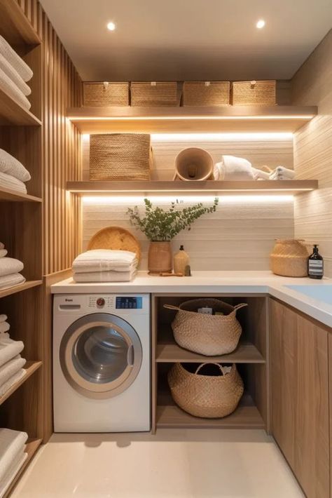 Muji Laundry Room, Nordic Laundry Room, Zen Laundry Room, Utility Room Office, Japandi Interiors Small House, Beige Laundry Room Ideas, Concealed Laundry Room Ideas, Tiny Laundry Room Ideas Space Saving Small Apartments, Japandi Laundry Room Ideas