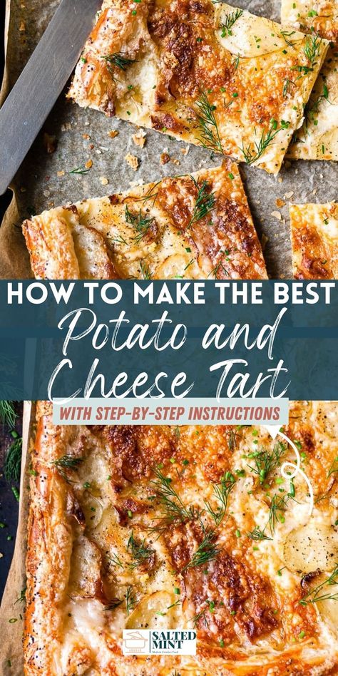 Enjoy this easy potato tart with cheese and puff pastry as a perfect summer appetizer. Simple and delicious, it's a great addition to your summer recipes. Potato Parmesan Tart, Potato Pastry Recipes, Puff Pastry Prosciutto Potato Tart, Potato Puff Pastry Recipes, Dinner Puff Pastry Recipes, Summer Pastry Recipes, Potato Gruyere Tart, Picnic Snack Ideas Simple, Phillo Puff Pastry Recipes Savory