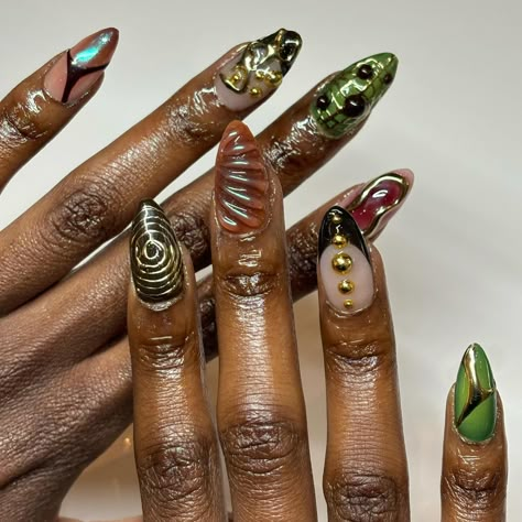 the colours >> 🤎 #nailart #londonnailtech #londonnails #gelxlondon Brown Nail Looks, Earthy Valentines Nails, Erykah Badu Inspired Nails, Brown And Gold Chrome Nails, Midevil Nail Art, Funky Colourful Nails, Neutral Funky Nails, Earth Girl Nails, Wild West Nails