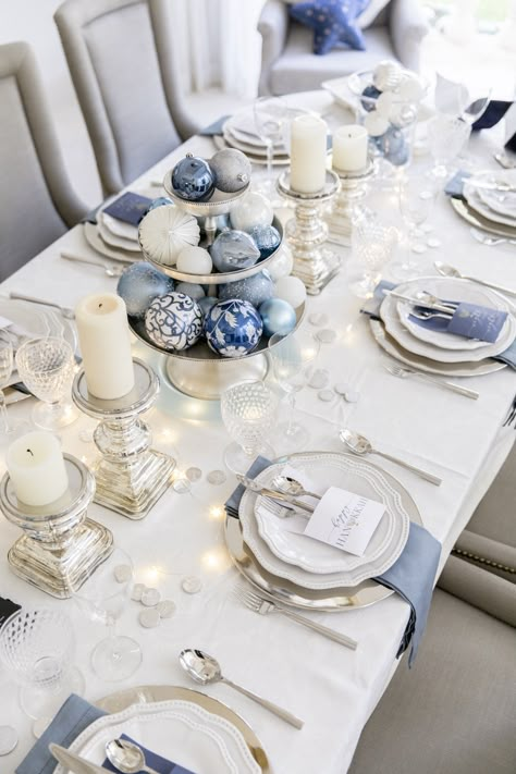 Hanukkah Table - Fashionable Hostess Hanukkah Table Setting, Hanukkah Dinner, Fashionable Hostess, Chanukah Party, Hanukkah Decor, Blue Christmas Decor, Chanukah Decor, Christmas Table Setting, Christmas Dining Table