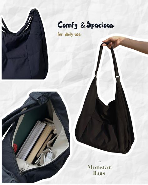 ⋆.˚ Puffy tote • comfy and spacious for daily use ⋆.˚ ▸ Can fit from 13” 14” 16” laptop ▸ price: $10.90 📸 by us 🛍️ DM us to order! 🚫 Order cannot cancel! #monstar_bags #totebag #totebagaesthetic #bag Bdg Tote Bag, Bags For All Outfits, Aesthetic Bag Accessories, Puffy Tote Bags, Black Tote Bag Aesthetic, Big Bags For Women, Bags For Uni, Aesthetic Stuff To Buy, Totebag Aesthetic