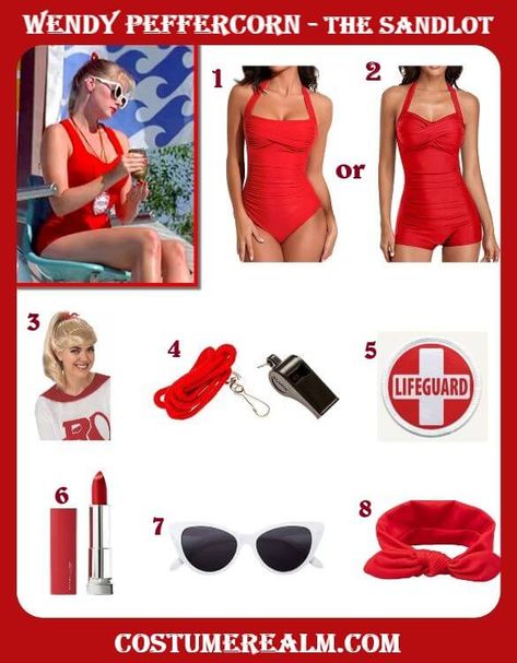 How To Dress Like Wendy Peffercorn Costume Guide For Halloween And Cosplay Wendy Peppercorn Costume, Squints And Wendy Peffercorn Costume, Wendy Peffercorn Costume, Scotty Smalls, Sandlot Costume, Squints And Wendy Peffercorn, Red Leotard, Wendy Peffercorn, Vintage Inspired Swimsuit