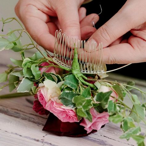 How to Make a Floral Hair Comb | Interflora How To Make Floral Hair Pins, Floral Hair Combs Diy, How To Make Flower Hair Comb, Diy Floral Hair Clip, Diy Floral Hair Piece, How To Put Flowers In Your Hair, Fresh Flower Hair Comb, Dried Floral Hair Comb, Diy Flower Hair Comb