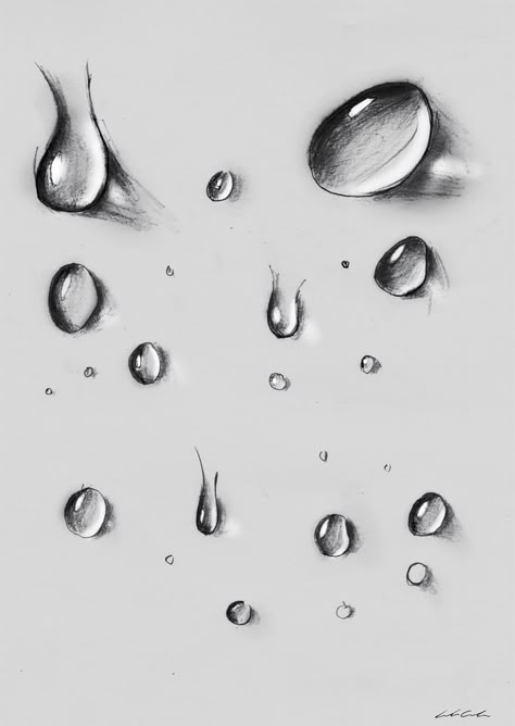 Drawings On Grey Paper, Drawing Water Droplets, How To Draw Water Drops, Water Drop Sketch, Water Pencil Drawing, Droplets Drawing, Water Droplets Drawing, Water Drop Tattoo, Drop Drawing