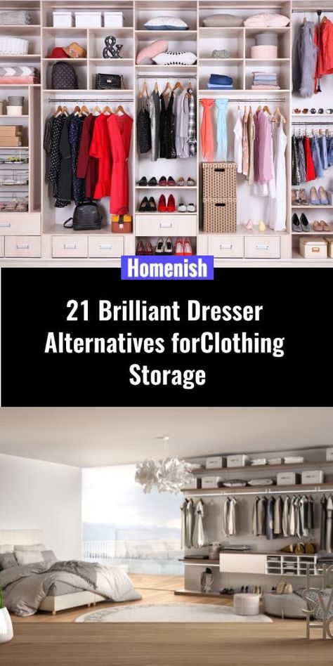 A dresser is one of the most common and traditional clothing storage solutions in the bedroom, but it’s not the only option for storing your bedding and clothes. All types of dressers have some disadvantages, which I will go into some detail below, so it’s always good to consider other alternatives for extra storage space. Clothes Storage Ideas No Dresser, Bedroom Clothes Storage Ideas, Dresser Alternative, Bedroom Clothes Storage, Clothes Storage Ideas, Clothes Bedroom, Best Dresser, Bedroom Storage Ideas, Traditional Dressers