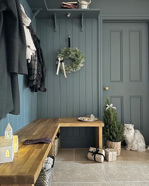 Katie & Stuart on Instagram: "My little festive boot area which was too cute not to share with my little photo bomber. Seconds later he was on the bench licking the mince pies. I was kind enough to share 1 or 2 with him 😜" Farrow And Ball Inchyra Blue, Pavilion Grey, Inchyra Blue, Snug Room, Property Renovation, Scenic Wallpaper, Colour Consultant, Farrow And Ball, Plain Wallpaper