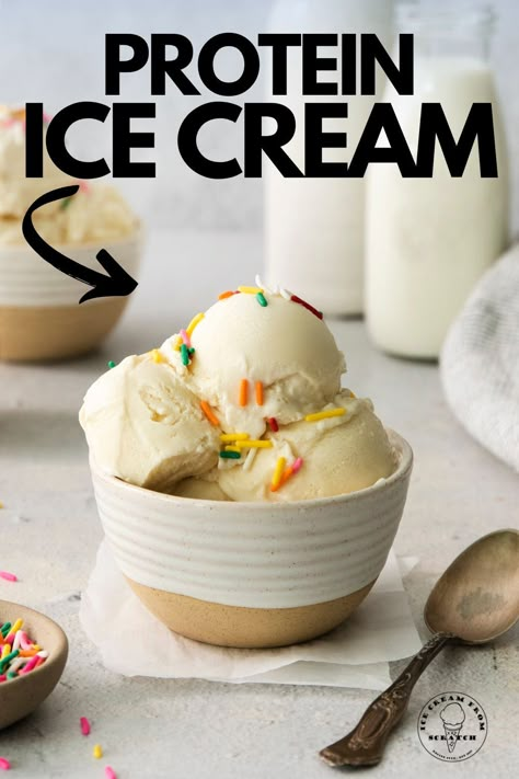 This satisfying high-protein ice cream recipe is so thick and creamy, made with just four ingredients, and boasting over 10 grams of protein per serving! Whey Protein Ice Cream Recipes, Home Made Protein Ice Cream, Vanilla Ice Cream Protein Powder Recipes, Protein Ice Cream Ice Cream Maker, Kitchen Aid Mixer Protein Ice Cream, Protein Ice Cream Recipe Blender, Cuisinart Ice Cream Maker Recipes Protein, Protein Drink Ice Cream, Protein Ice Cream Without Ninja Creami