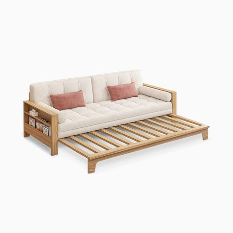 Pull Out Bed Couch, Wooden Couch, Japandi Living, Bamboo Decor, Minimal House, Minimal House Design, Pull Out Bed, Daybed Sofa, Convertible Sofa Bed