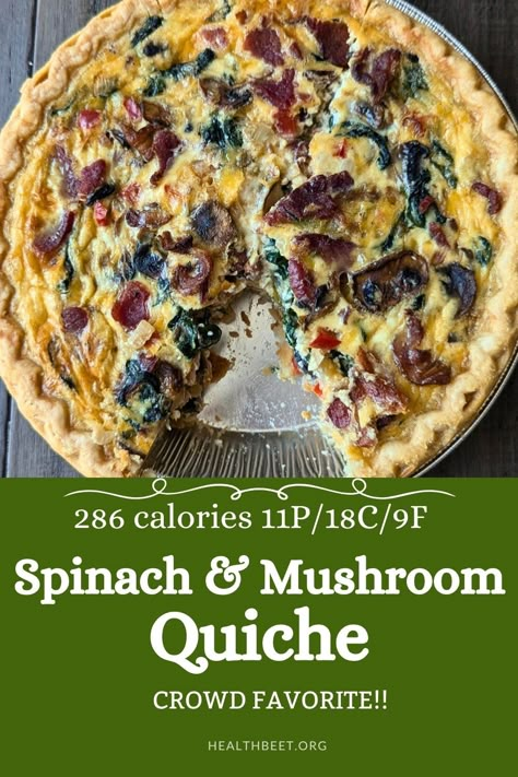 This is my favorite breakfast quiche. It has spinach, mushrooms, cheese, onion, pepper, eggs, and bacon. Everyone loves it and it's our family's go-to when we want to impress someone! Breakfast With Mushrooms, Sausage Spinach Quiche, Spinach Mushroom Quiche Recipes, Mushroom Spinach Quiche, Spinach Bacon Quiche, Egg Spinach Mushroom Breakfast, Spinach Mushroom Crustless Quiche, Crustless Bacon Spinach And Mushroom Quiche, Spinach And Mushroom Quiche