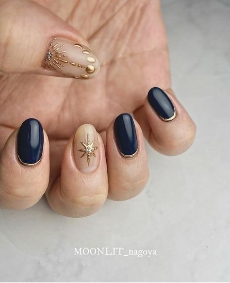 Neutral Celestial Nails, Celestial Nails Simple, Navy And Maroon Nails, Bethlehem Star Nails, Summer Celestial Nails, Star Of David Nails, Celestial Wedding Nails, Short Nails Prom, Star Of Bethlehem Nails