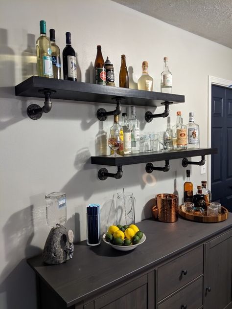 Floating shelves turned Industrial Pipe Shelving - IKEA Hackers Classy Mancave, Bar Shelving Ideas, Home Bar Shelving Ideas, Diy Bar Shelf Ideas, Diy Bar Shelves, Bar With Floating Shelves, Bar Shelf Ideas, Diy Industrial Home Decor, Ikea Lack Wall Shelf