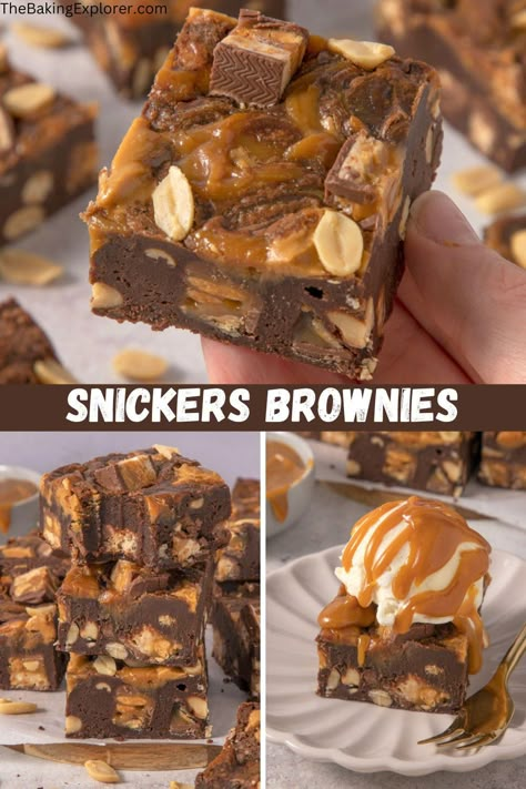 Recipe for Snickers Brownies - fudgey chocolate brownies packed with peanut butter, caramel sauce and Snickers bars #thebakingexplorer #snickers #chocolatebrownies #peanutbutter #caramelbrownies Peanut Butter Caramel Brownies, Snickers Brownies Recipe, Aero Brownies, Oreo Peanut Butter Brownies, Butter Caramel Sauce, Snickers Brownies, Snickers Recipe, Snicker Brownies, Snickers Cookies