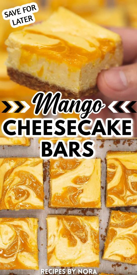 Our Mango Cheesecake Bars are luscious, creamy, and so easy to make! The refreshing tropical flavor makes them a perfect spring or summer dessert! A crisp graham crackers crust is filled with a smooth and creamy mango cheesecake which is then swirled with mango purée. It’s a beautiful dessert that you can bake up in about an hour. This sunny cheesecake is a perfect Mother’s Day recipe or Memorial Day treat. Fruity Baked Goods, Cooked Mango Recipes, Mango Bars Recipe, Mango Sweet Recipes, Tropical Dessert Recipes, Desserts With Mango, Recipes Using Mango, What To Do With Over Ripe Mangos, Ripe Mango Recipes