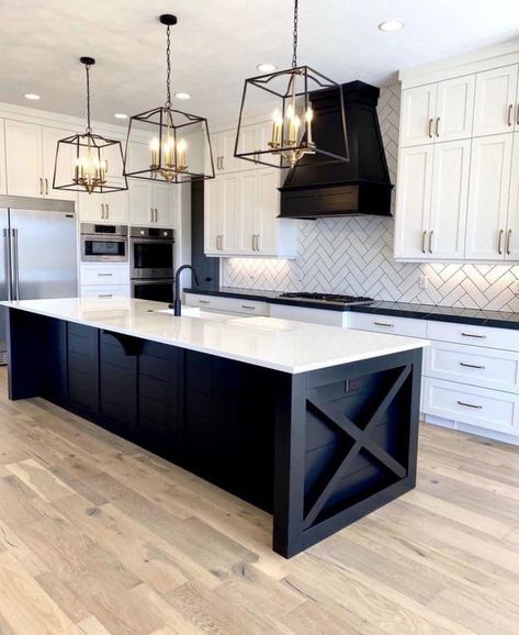 Kitchen With Black Accents Modern, Modern House With Black Accents, White And Black Kitchen With Island, Barndominium Kitchen Black, Island Lighting White Kitchen, Modern Home With Black Accents, Serene Kitchen Ideas, Black Accent Kitchen Cabinets, Modern Kitchen Black Accents