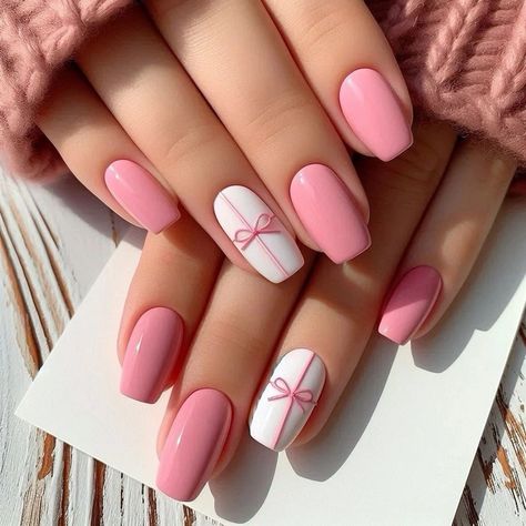 Cute And Simple Nail Art, Acrylic Pink Nails Ideas, Pretty Pink Nail Designs, Simple Art Nails, Nail Art Simple Design, White Nails With Designs Simple, Nail Ideas Acrylic Simple, Nails Design Ideas Pink, Pink Nail Art Simple