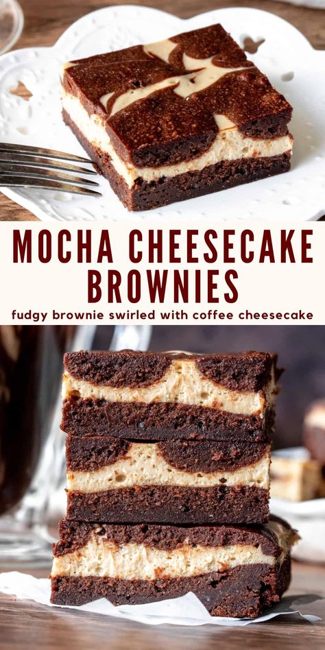 Coffee and brownies combine in these delicious mocha cheesecake brownies. You get an incredibly fudgy brownie swirled with coffee cheesecake for a decadent dessert #cheesecakebrownies #mochabrownies #mochacheesecake #coffeecheesecake from Just So Tasty https://www.justsotasty.com/mocha-cheesecake-brownies/ Making Cheesecake, Mocha Brownies, Mocha Cheesecake, No Bake Cheesecakes, Coffee Brownies, Mocha Cupcakes, Crumb Bars, Coffee Cheesecake, Fudgy Brownie