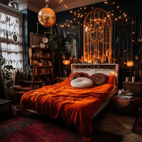 Dark Orange Room Aesthetic, Midnight Room Aesthetic, Celestial Room Aesthetic Bedroom, Dark Witch Aesthetic Bedroom, Whimsigoth Home Decor, Moody Rooms Inspiration, Whimsigoth Apartment, Gothic Boho Bedroom, Dark Bohemian Bedroom