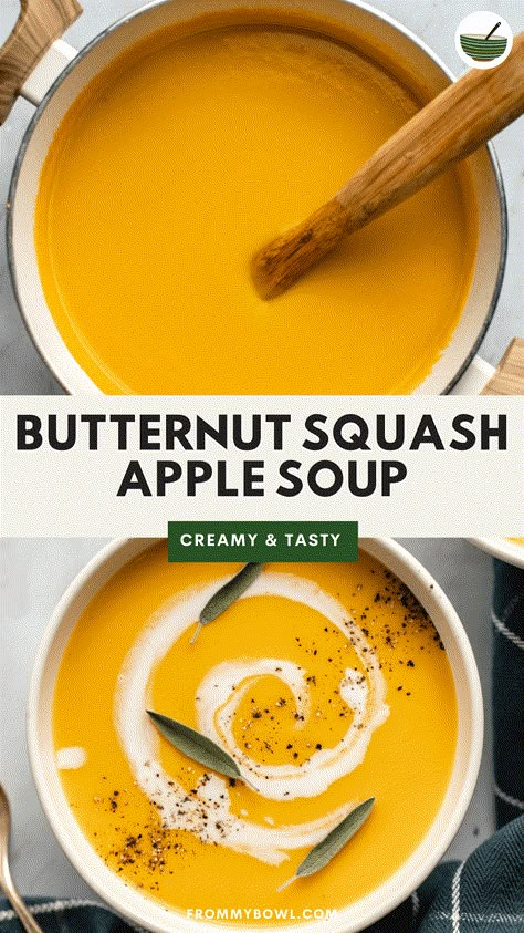 This 35-Minute Butternut Squash Soup is made with creamy squash, tart Granny Smith apple, and herbaceous rosemary and sage for a creamy soup bursting with fall flavor. Vegan, Gluten-Free, Oil-Free option. Butternut Squash Sage Soup, Butternut Squash And Sage Soup, Butternut Squash Soup With Sage, Butter Ut Squash Soup Recipes, Apple Squash Soup, Vegan Squash Soup, Apple Butternut Squash Soup, Vegan Butternut Squash Recipes, Squash Recipes Soup